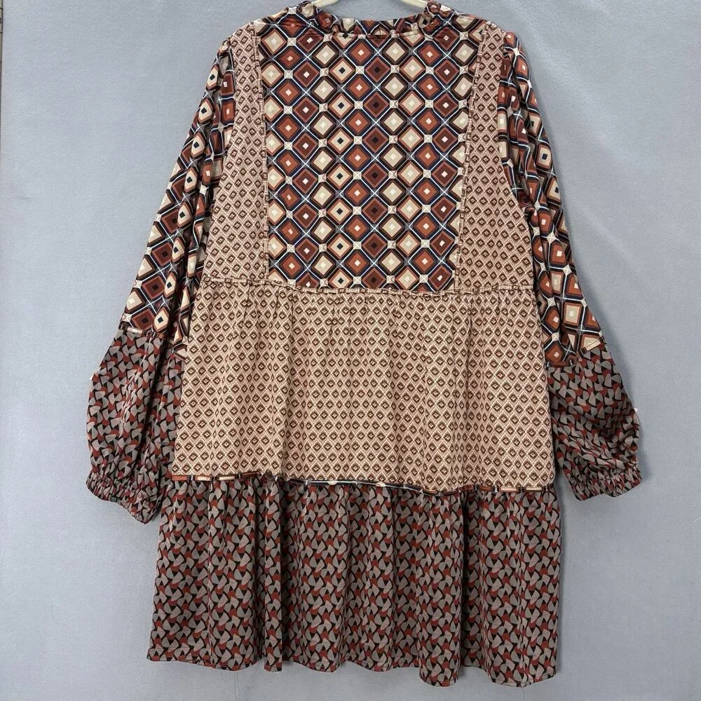 Hailey & Co Geometric Brown & Orange Tiered Ruffle Dress SZ 3XL Boho, Peasant - Picture 6 of 12